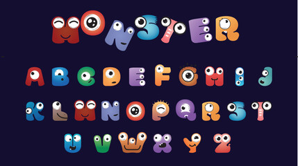 Fun vector colorful font. Decorative monsters with eyes. Halloween font.