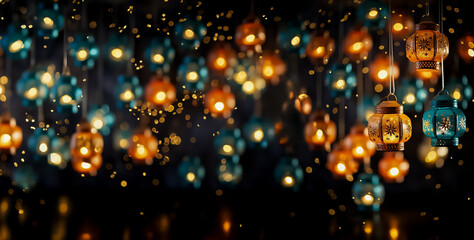 Fototapeta na wymiar Handmade paper lanterns lit for Diwali celebration background with empty space for text 