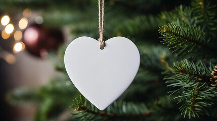 White paper heart on christmas tree with bokeh background.