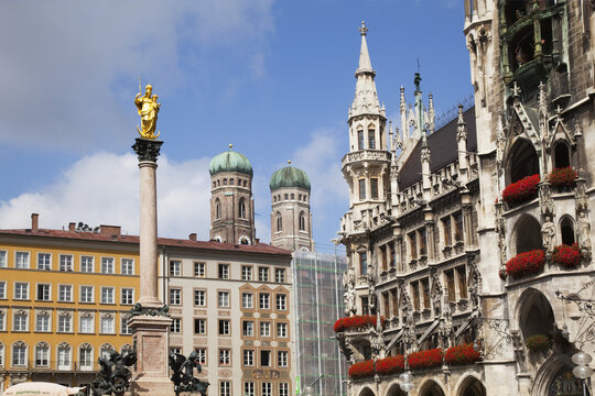 Frauenkirche In Marienplatz, With The Marian Column; Munich, Bayern, Germany