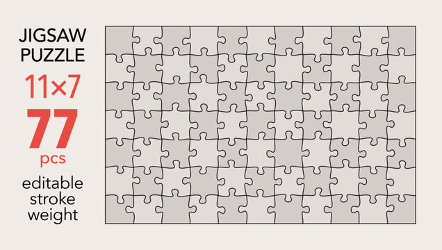 Empty jigsaw puzzle grid template, 11x7 shapes, 77 pieces. Separate matching irregularly elements. Flat vector illustration layout, every piece is a single shape.