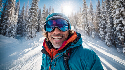 Fototapeta na wymiar smiling skier, mature man, jumping in the snowy mountains on the slope with his ski and professional equipment on a sunny day