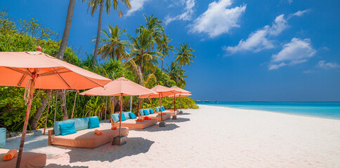 Panoramic holiday landscape. Luxury beach resort hotel. Leisure chairs loungers under umbrellas with palm trees, blue sunny sky. Stunning summer island seaside, travel vacation destination background