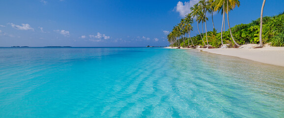 Fototapeta premium Closeup waves splash sea sand beach. Panoramic fantastic travel landscape. Inspire tropical seascape horizon. Majestic sunset sky peaceful tranquil relaxation sunshine summer. Amazing vacation island