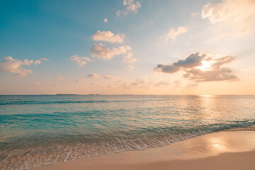 Fototapeta na wymiar Best sea beach sky closeup colorful sunset. Panoramic majestic landscape. Tropical paradise beaches Mediterranean seascape. Blue gold sunshine sunlight soft sand waves calmness summer tranquil inspire