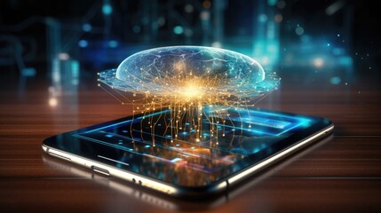 Smartphone with human brain hologram on screen