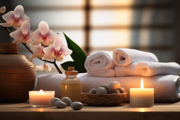 Fototapeta na wymiar Beautiful spa composition on massage table in wellness center.
