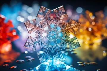 Colorful snowflake pattern captured through a microscope isolated on a rainbow gradient background 