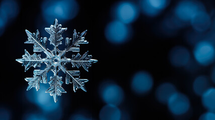 Dramatic still of a solitary snowflake recreating intricate geometric patterns on a frosty glass 