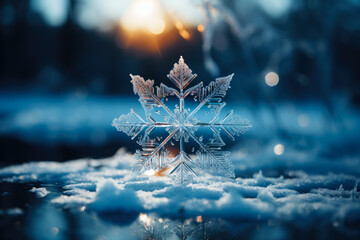 Dramatic still of a solitary snowflake recreating intricate geometric patterns on a frosty glass 