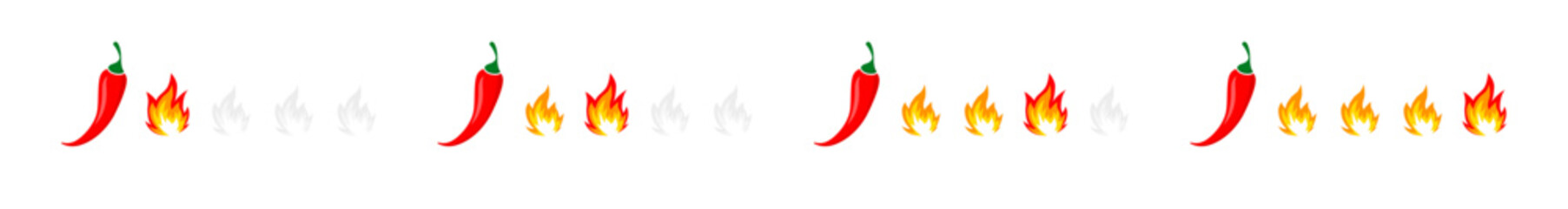 Spicy level icon set. Hot chili pepper icons set with flame. Rating of pepper sauce. Vector illustration.