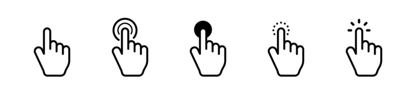 Pointer cursor computer mouse icon set. Clicking cursor, pointing hand clicks icons. Mouse click cursor symbols. Hand click mouse sign. Vector illustration.