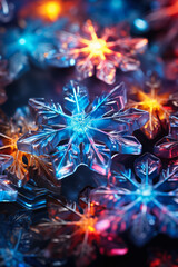 Stunning display of colorful lights refracting off unique snowflake patterns on a glass surface 