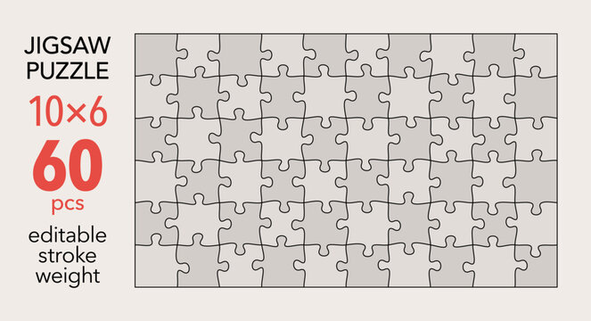 Empty jigsaw puzzle grid template, 10x6 shapes, 60 pieces. Separate matching irregularly elements. Flat vector illustration layout, every piece is a single shape.