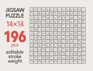 Empty jigsaw puzzle grid template, 14x14 shapes, 196 pieces. Separate matching irregularly elements. Flat vector illustration layout, every piece is a single shape.