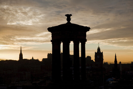 Silhouette Of Dugald Stewart Monument On Calton Hill; Edinburgh, Scotland