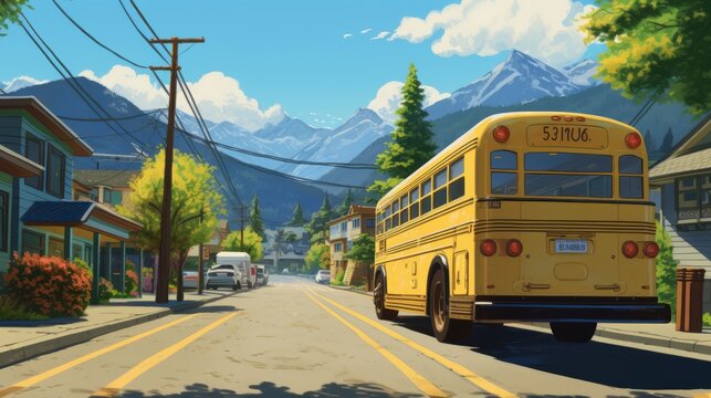 Oil painting of a large yellow school bus driving down a street