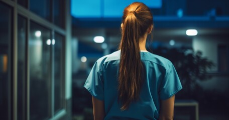 a female nurse wearing blue scrubs in the style of darkest academia
