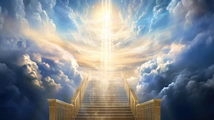 Crédence de cuisine en verre imprimé Séoul Heaven's Gateway, Staircase to Ethereal Light, staircase suspended in heavenly clouds