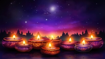 Burning diya oil lamp. Traditional symbol of Indian Happy Diwali Festival banner. Celebration festival of light colorful Background with diyas..