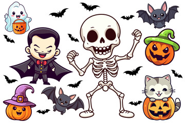 Halloween Party Vector Illustration for Kids: Cute Funny Set Collection of Vampire, Dracula, Skeleton, Skull, Cat, Pumpkin, Witch Hat, Bat Silhouette - Transparent Background, PNG, Vector