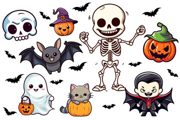 Kids Halloween Party: Cute Funny Vector Illustration Set Collection of Vampire, Dracula, Skeleton, Skull, Cat, Pumpkin, Witch Hat, Bat Silhouette - Transparent Background, PNG, Vector