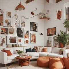 Interior, Scandinavian-inspired living room, with sleek modern furniture. The soft natural light filters in through large windows, illuminating the clean lines and minimalist design.