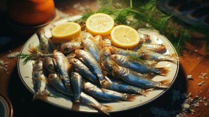 a white plate with perfectly fried vendace fishes arranged neatly beside a fresh slice of lemon. Capture the essence of this beloved Finnish delicacy.