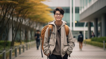 Obraz premium A man walking down a sidewalk with a backpack