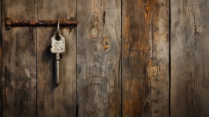 a rustic farm key with a barn-shaped keychain in a farmhouse door