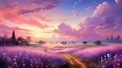 Abwaschbare Fototapete Kürzen a serene depiction of a lavender field in full bloom under a soft, pink sunset