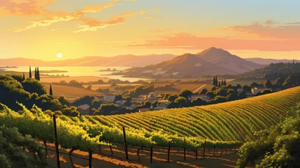 Foto op Plexiglas a serene depiction of a tranquil vineyard with rows of grapevines at sunrise © Wajid