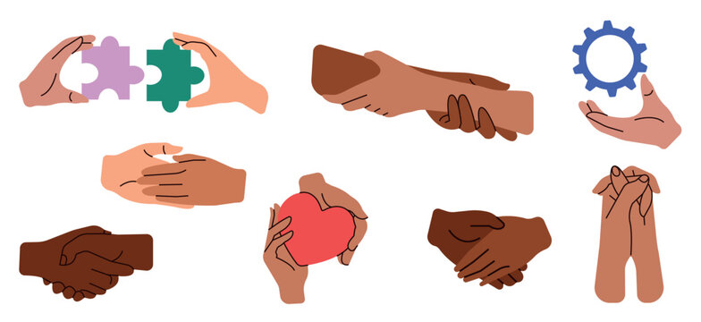 Team work. Set of hands in doodle style isolated human arms. Two hands holding together. Human fingers, palms touching, gesture. Support, love relationships, help and hope. - Powered by Adobe