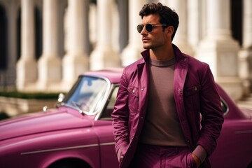 A man posing next to a vibrant pink car