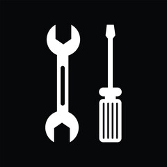 Repair service, wrench and screwdriver, tools. White icon on black background. Inversion