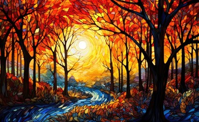 A breathtaking sunset painting capturing the serene beauty of a forest