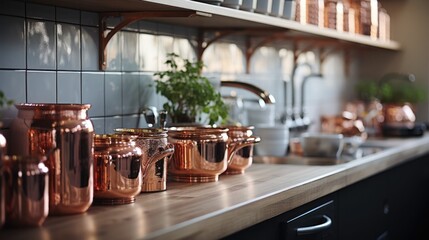 beautiful modern copper pun closeup in white blurred kitchen