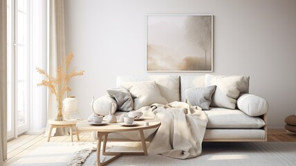 a grey-haired woman with a serene smile, sipping coffee while seated comfortably on a modern sofa in a living room adorned with minimalist decor in light colors.
