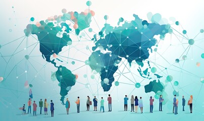 a colorful illustration of people and world network with many different people connected on the map Generative AI