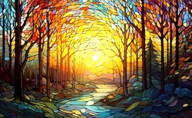 A breathtaking sunset scene in a serene forest