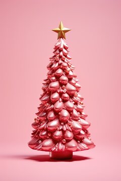 A vibrant pink Christmas tree adorned with a sparkling star on top
