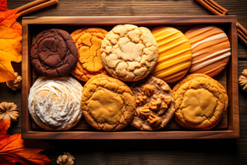 Assorted fall cookies in a wood box, flat lay, seasonal baking