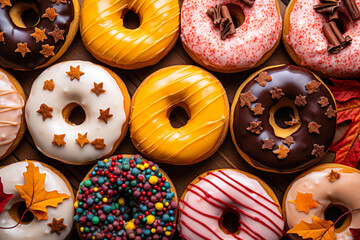 Assorted fall doughnuts with icing and sprinkles flat lay, autumn seasonal baking