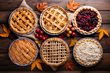 Assorted fall pies flat lay on brown wood plank table, Thanksgiving seasonal baking - obrazy, fototapety, plakaty