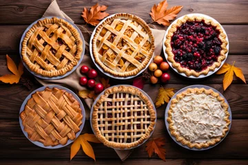 Fotobehang Assorted fall pies flat lay on brown wood plank table, Thanksgiving seasonal baking © Sunshower Shots