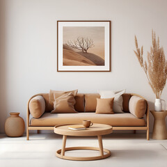 Scandinavian style, minimalist, brown sofa, coffee circle table, against beige wall with art frame, home interior of modern living room