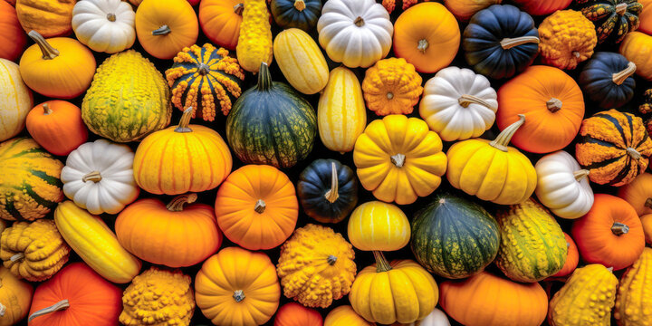 Assorted fall gourds and squashes flat lay, wide banner, background, Thanksgiving