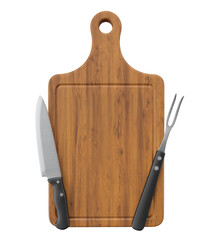 Wooden meat cutting board with realistic barbecue knife and fork on transparent background in 3D rendering