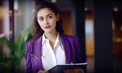 A woman in a purple jacket holding a clipboard