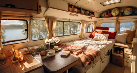 Inside View of a Vintage Camper Van Featuring a Cozy Bed, Travel Map